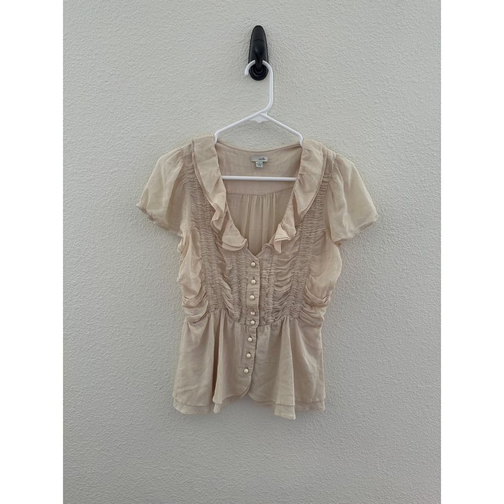 Odille Anthropologie Blouse Womens 6 Cream Ruffle Smocked Button Front Top